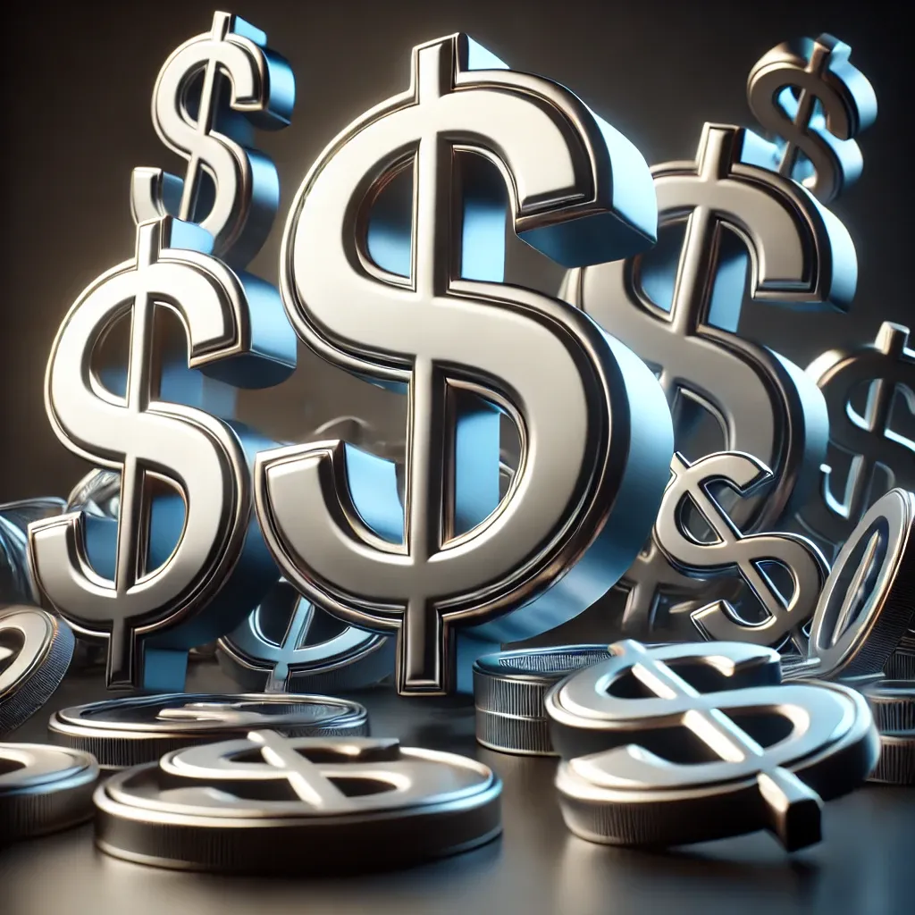 A high-quality 3D render of multiple metallic dollar signs, arranged dynamically on a reflective surface. The dollar signs have a sleek, polished finish with soft lighting and realistic shadows. The background features a dark gradient, emphasizing contrast and depth, conveying the concept of financial investment and cost.