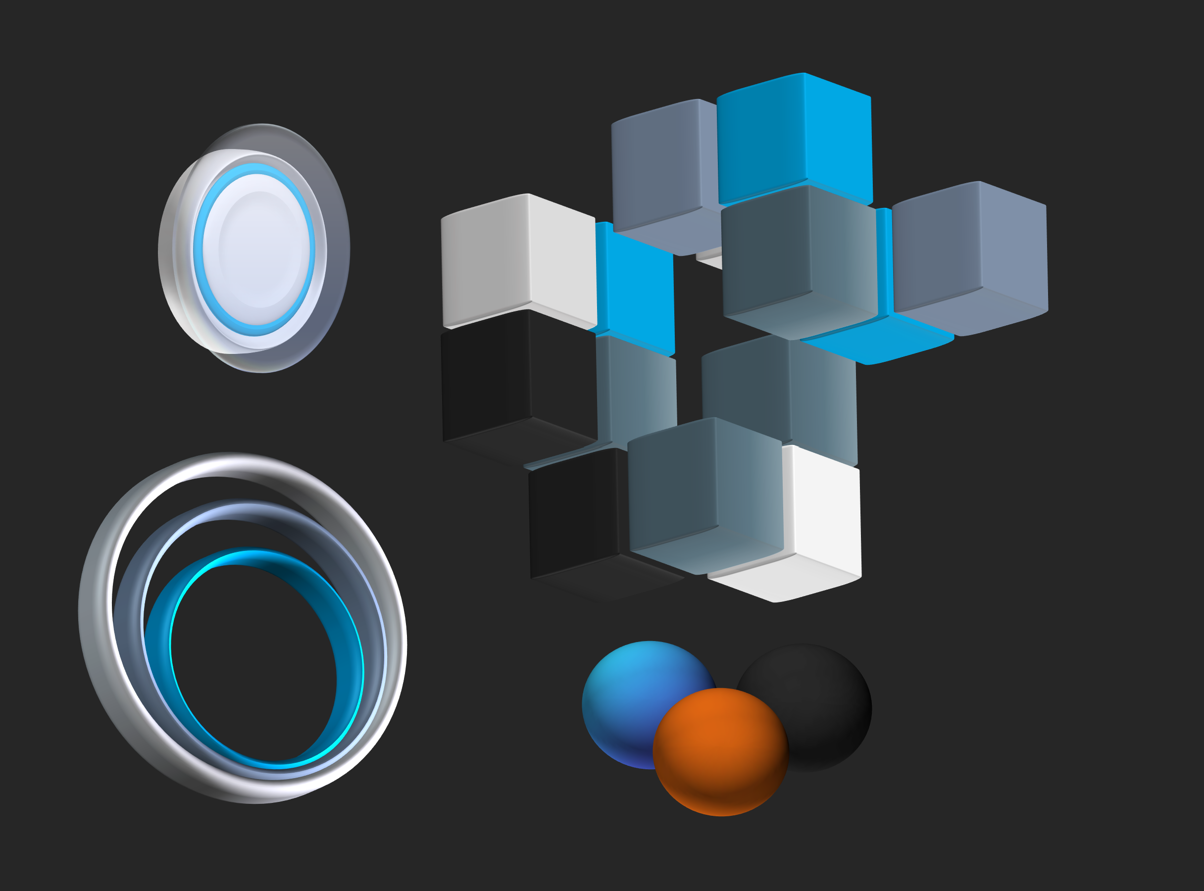 A collection of 3D test renders featuring geometric shapes, including cubes, spheres, and rings, arranged in a futuristic and technical style. The composition includes reflective surfaces, gradient shading, and layered depth, set against a dark background. This image showcases early graphical experiments, emphasizing customization and rendering techniques.