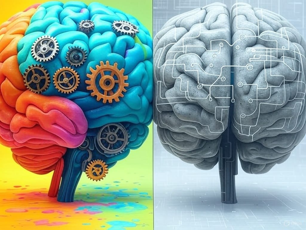 A split-image of two brains represents the contrast between human intelligence and AI dependency. On the left, a colorful brain with mechanical gears symbolizes active thinking, problem-solving, and cognitive engagement. On the right, a dull, gray brain with circuit-like patterns represents AI reliance, automation, and the loss of independent thought. The image conveys the idea that blindly trusting AI can weaken critical thinking and problem-solving skills over time.