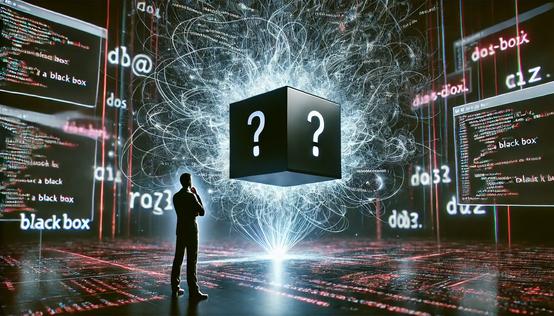 A mysterious glowing black cube with question marks floats in a futuristic digital environment, surrounded by chaotic, unreadable programming code. A puzzled programmer stands nearby, deep in thought, unable to see inside the cube. The scene represents the opaque nature of AI-generated code—where it may function but remains a black box, difficult to understand or debug.