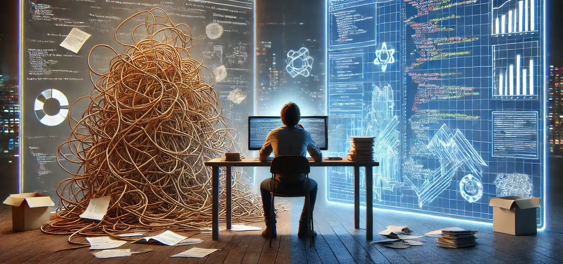 A programmer sits at a desk, facing two contrasting representations of code. On the left, a chaotic mess of tangled wires symbolizes inefficient but functional code. On the right, a sleek, structured digital blueprint represents optimized and efficient programming. The programmer is positioned between the two, contemplating the difference. The background features a futuristic, high-tech setting with digital highlights.