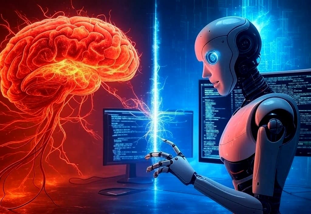 A glowing human brain and an advanced AI robot face off, separated by a digital energy barrier.