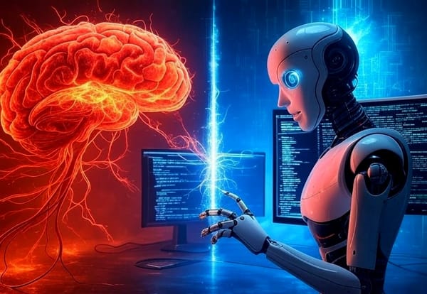 A glowing human brain and an advanced AI robot face off, separated by a digital energy barrier.